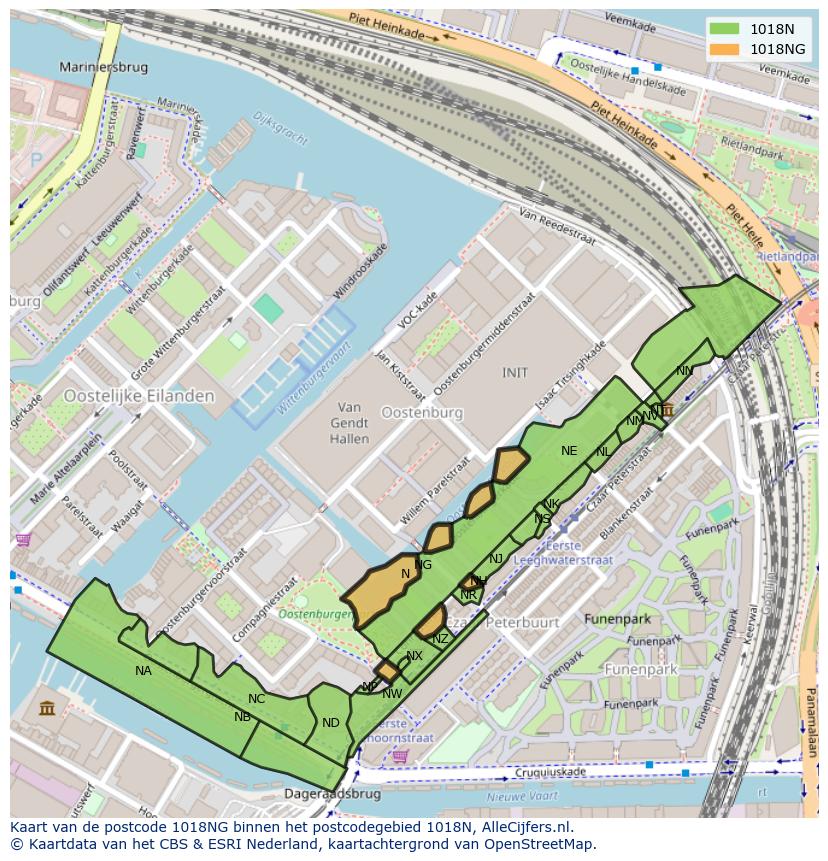 Afbeelding van het postcodegebied 1018 NG op de kaart.