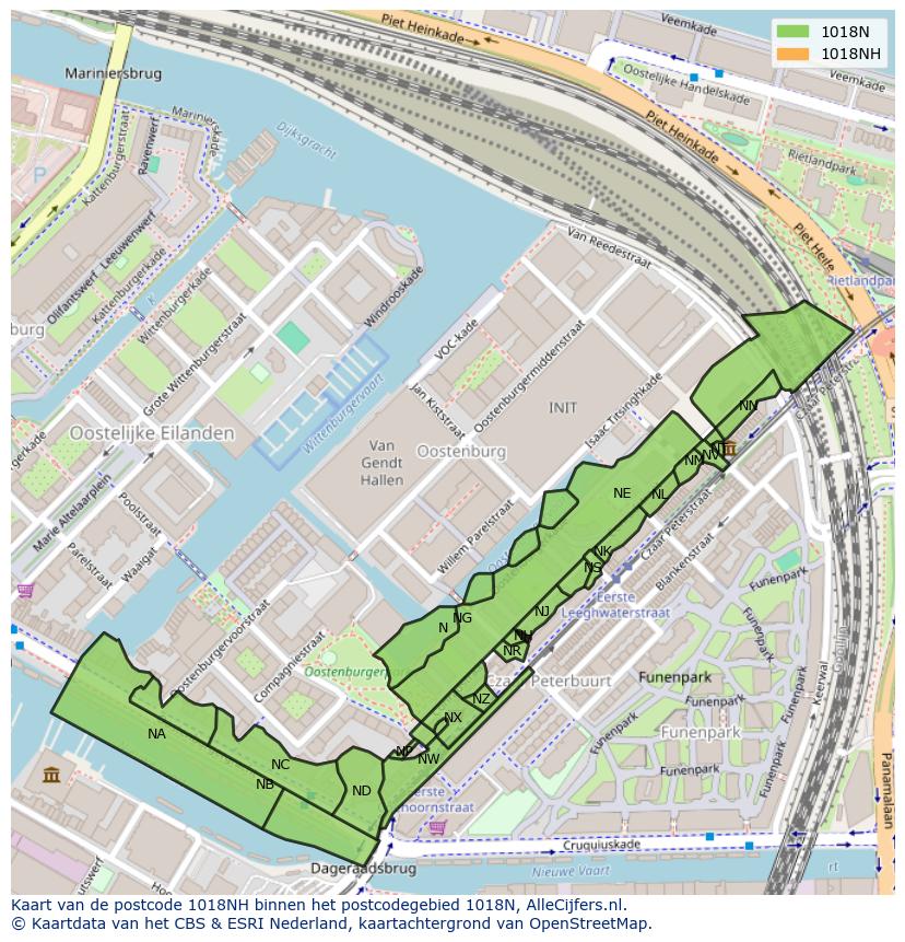 Afbeelding van het postcodegebied 1018 NH op de kaart.