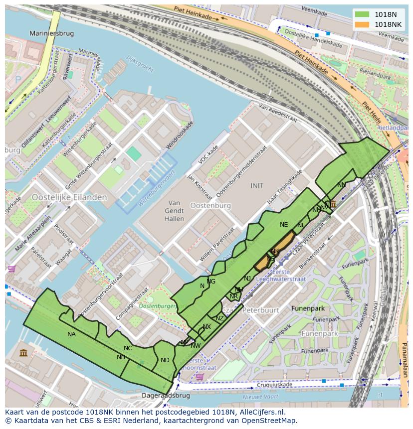 Afbeelding van het postcodegebied 1018 NK op de kaart.