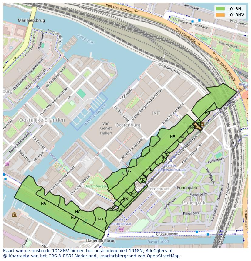 Afbeelding van het postcodegebied 1018 NV op de kaart.