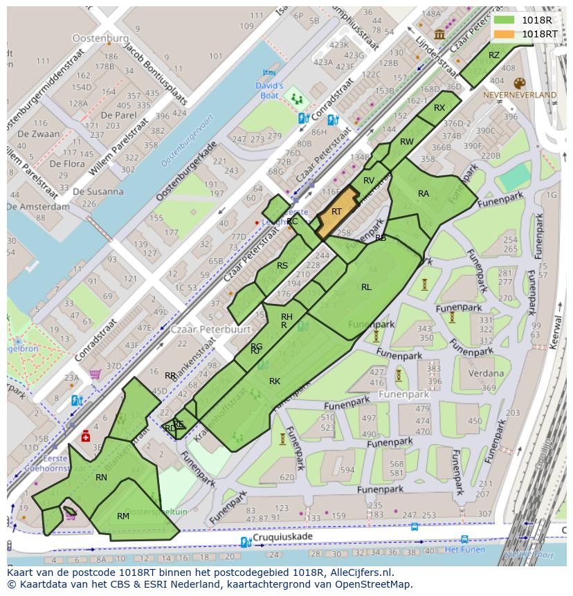 Afbeelding van het postcodegebied 1018 RT op de kaart.