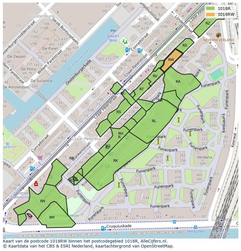 Afbeelding van het postcodegebied 1018 RW op de kaart.