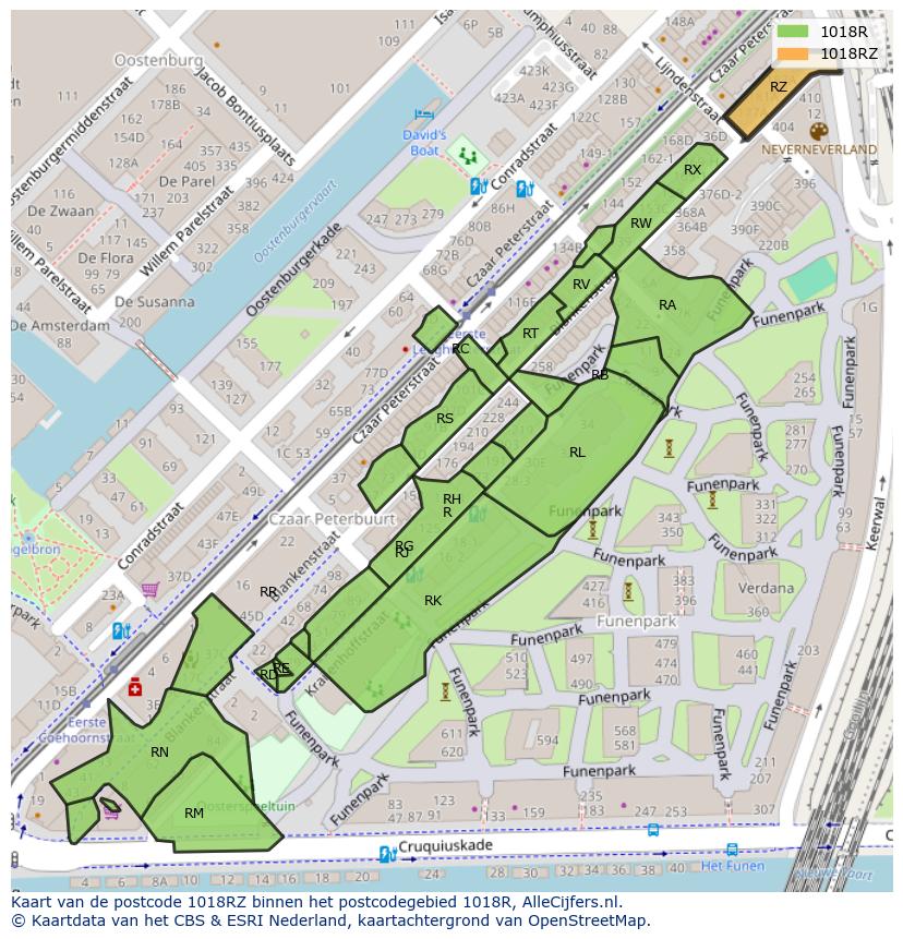 Afbeelding van het postcodegebied 1018 RZ op de kaart.