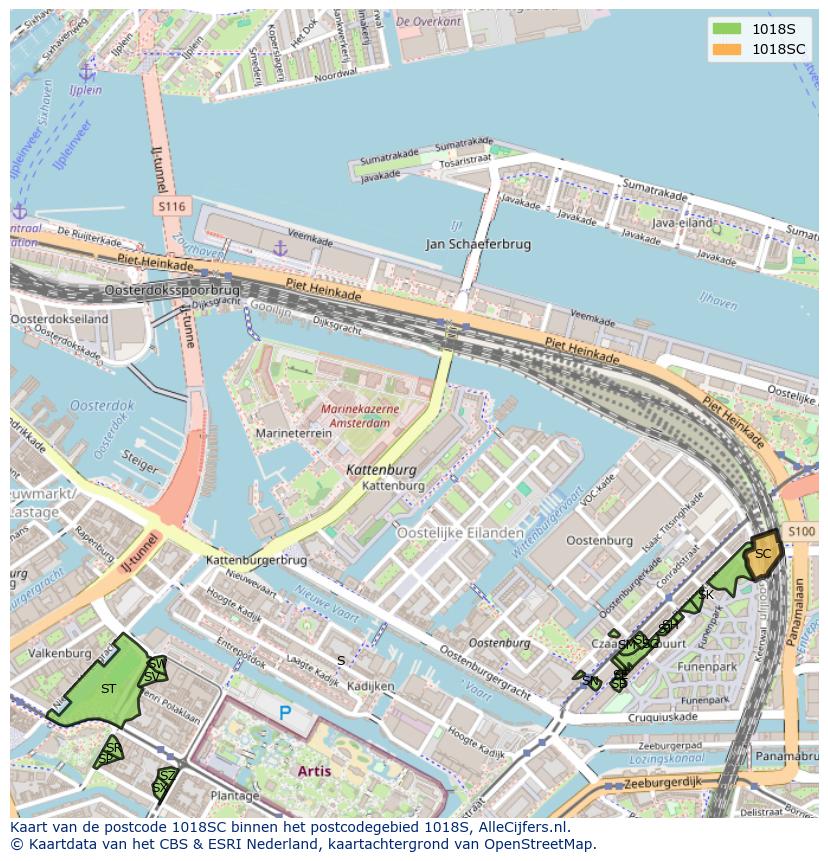 Afbeelding van het postcodegebied 1018 SC op de kaart.