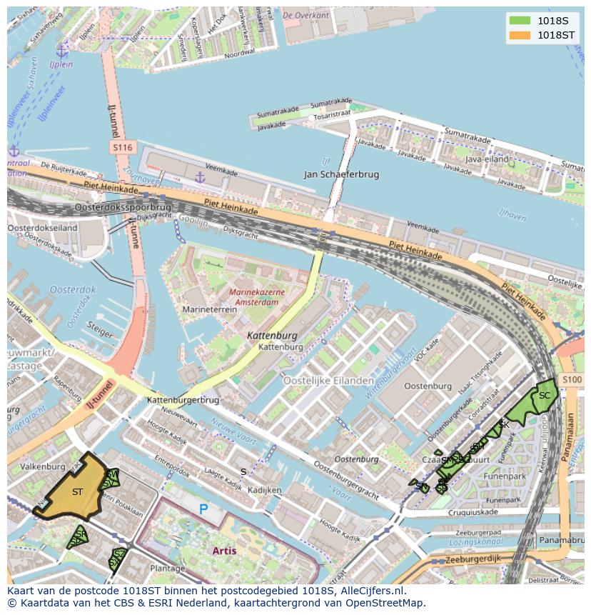 Afbeelding van het postcodegebied 1018 ST op de kaart.