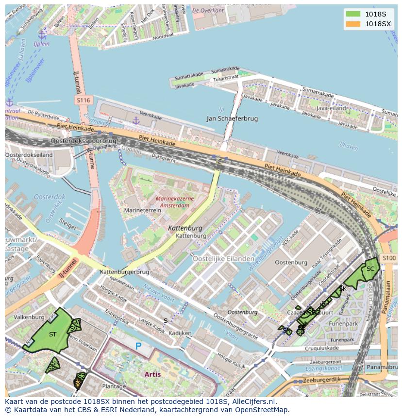 Afbeelding van het postcodegebied 1018 SX op de kaart.
