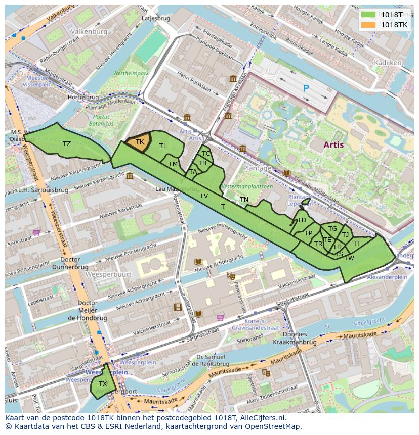 Afbeelding van het postcodegebied 1018 TK op de kaart.