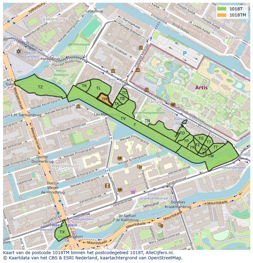 Afbeelding van het postcodegebied 1018 TM op de kaart.