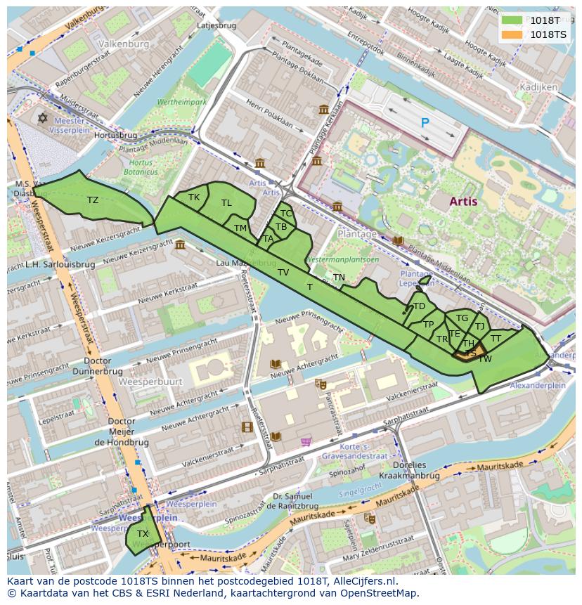 Afbeelding van het postcodegebied 1018 TS op de kaart.