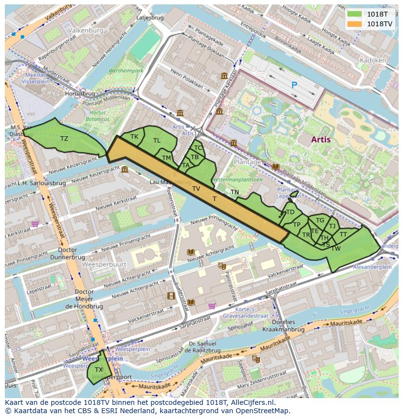 Afbeelding van het postcodegebied 1018 TV op de kaart.