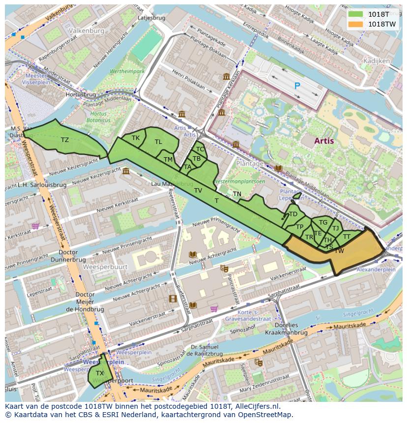 Afbeelding van het postcodegebied 1018 TW op de kaart.