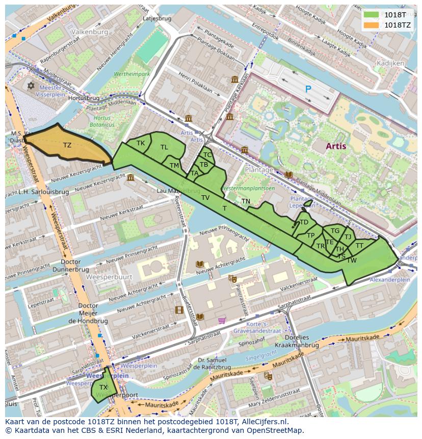 Afbeelding van het postcodegebied 1018 TZ op de kaart.
