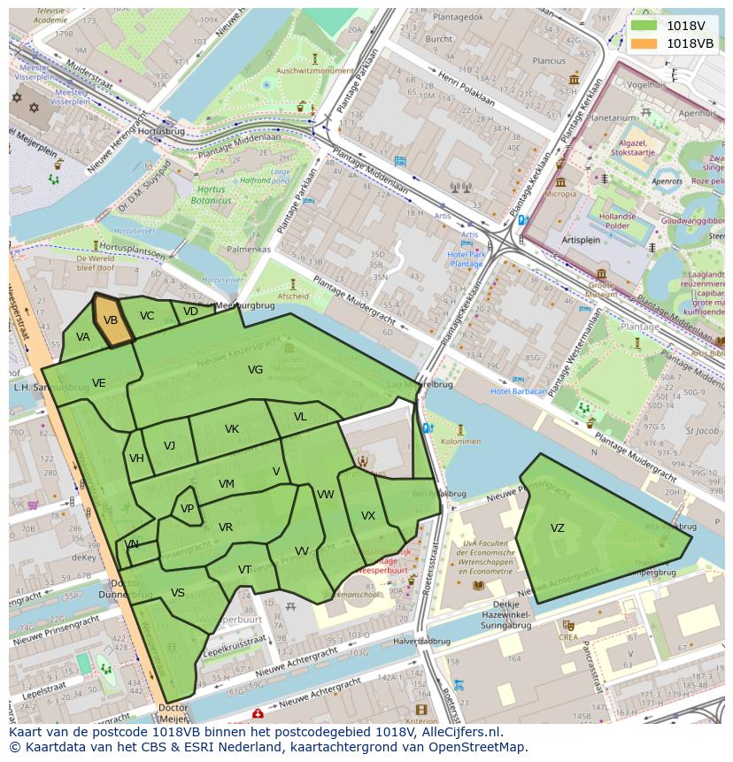 Afbeelding van het postcodegebied 1018 VB op de kaart.