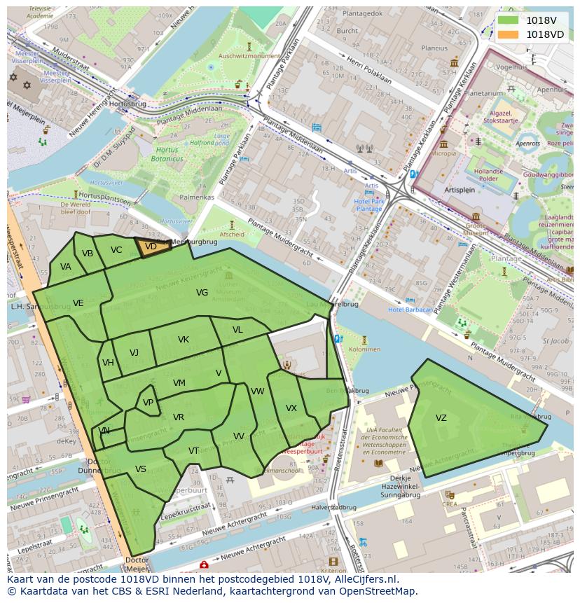 Afbeelding van het postcodegebied 1018 VD op de kaart.