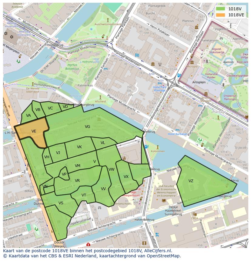 Afbeelding van het postcodegebied 1018 VE op de kaart.