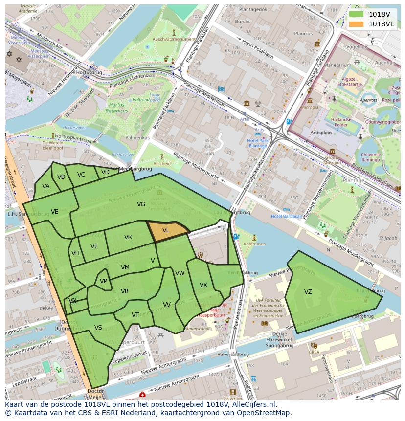 Afbeelding van het postcodegebied 1018 VL op de kaart.