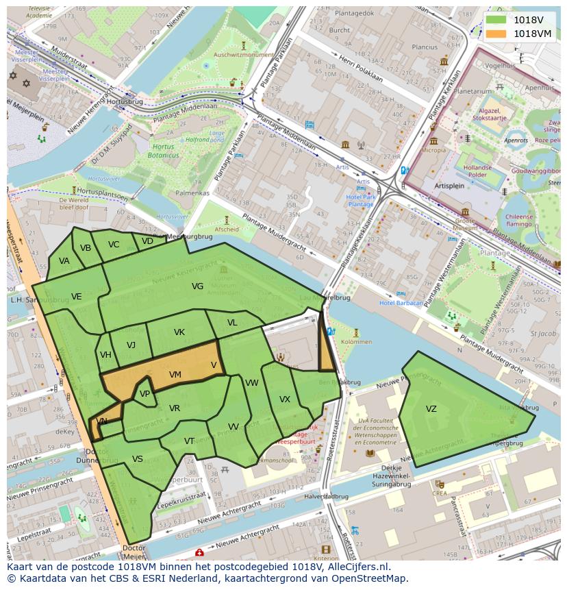 Afbeelding van het postcodegebied 1018 VM op de kaart.
