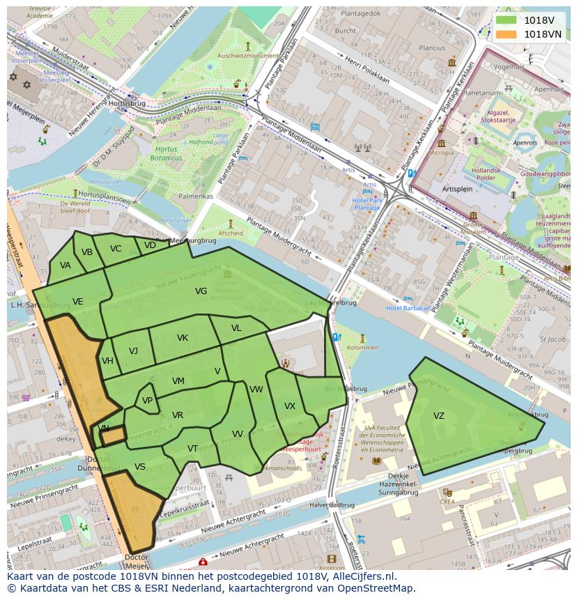 Afbeelding van het postcodegebied 1018 VN op de kaart.