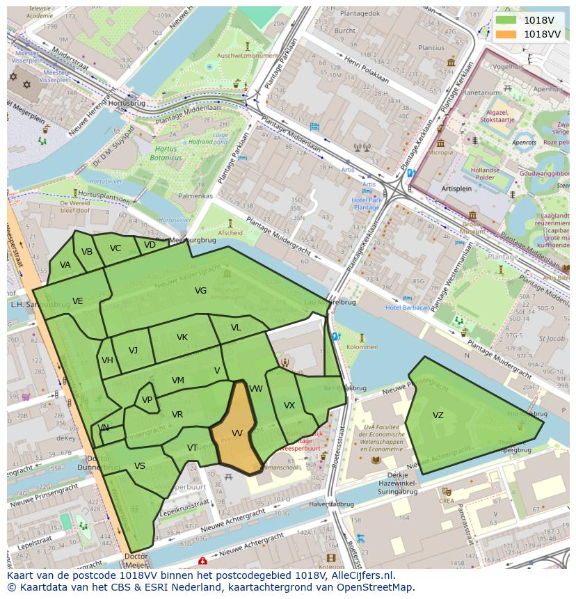Afbeelding van het postcodegebied 1018 VV op de kaart.