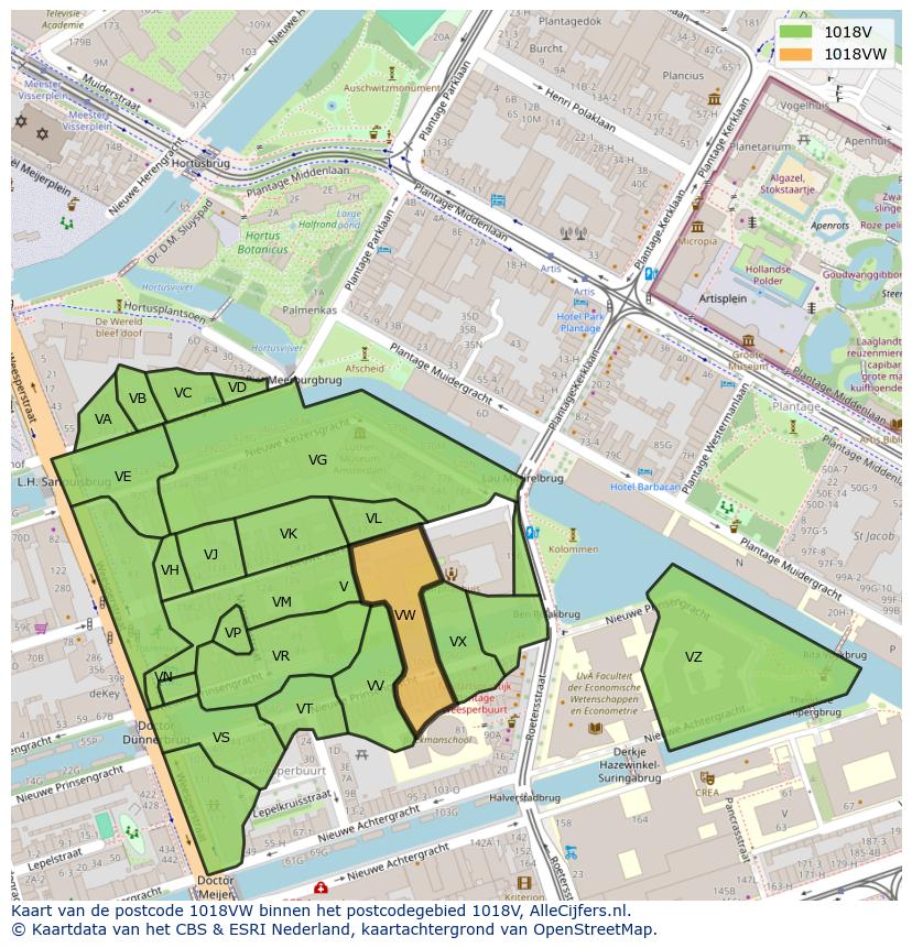 Afbeelding van het postcodegebied 1018 VW op de kaart.