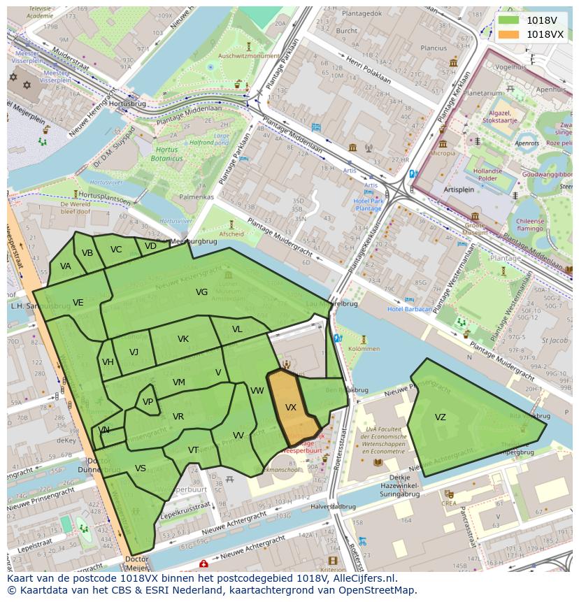 Afbeelding van het postcodegebied 1018 VX op de kaart.