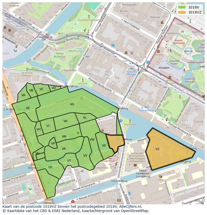 Afbeelding van het postcodegebied 1018 VZ op de kaart.
