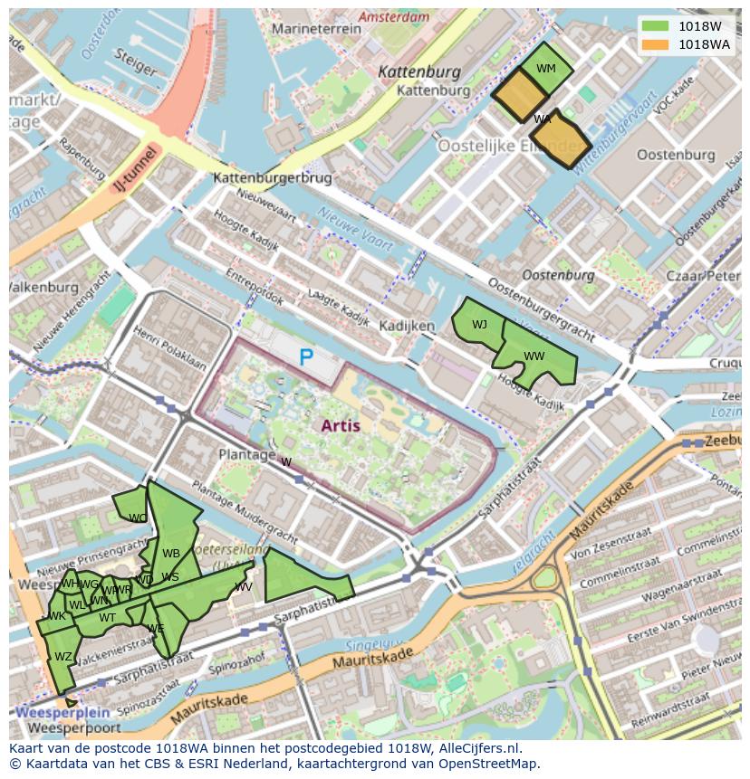 Afbeelding van het postcodegebied 1018 WA op de kaart.