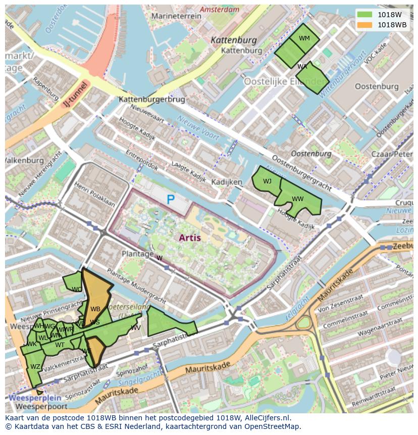 Afbeelding van het postcodegebied 1018 WB op de kaart.
