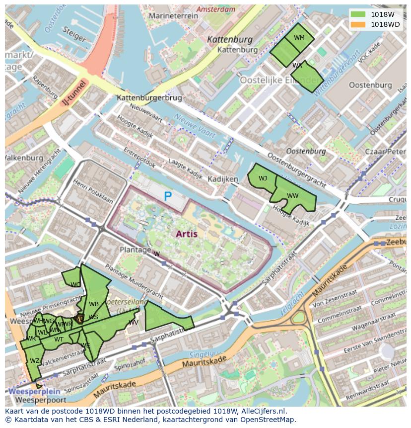 Afbeelding van het postcodegebied 1018 WD op de kaart.