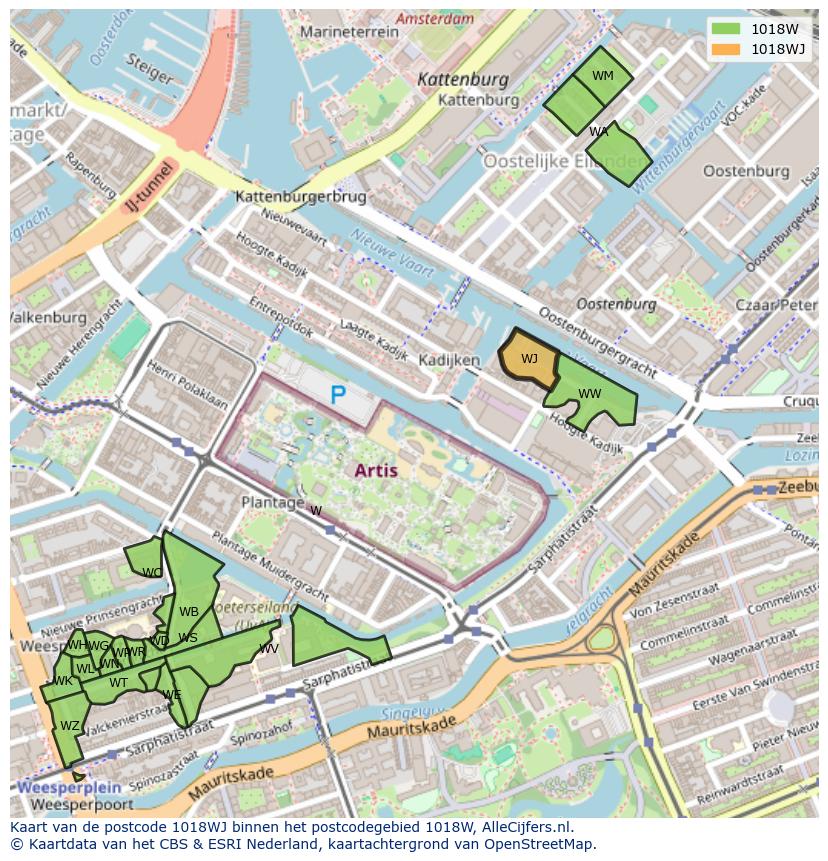 Afbeelding van het postcodegebied 1018 WJ op de kaart.