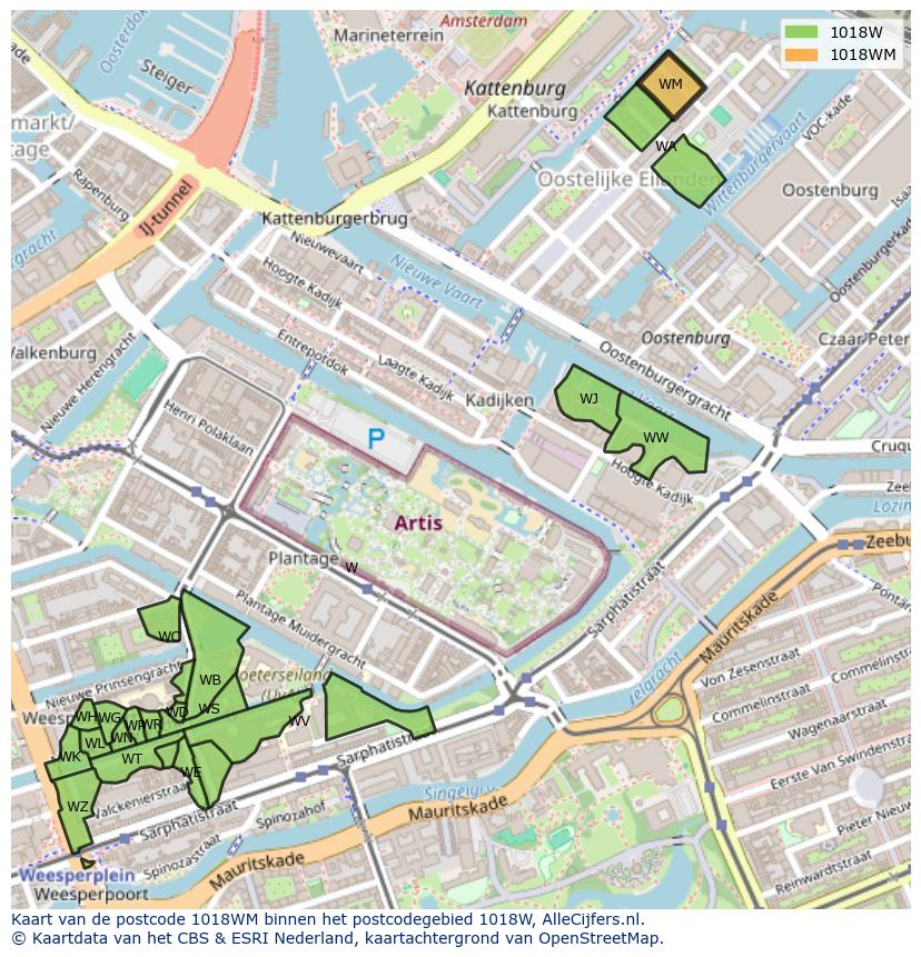 Afbeelding van het postcodegebied 1018 WM op de kaart.
