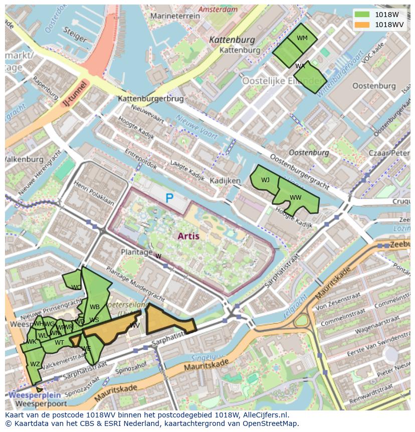 Afbeelding van het postcodegebied 1018 WV op de kaart.