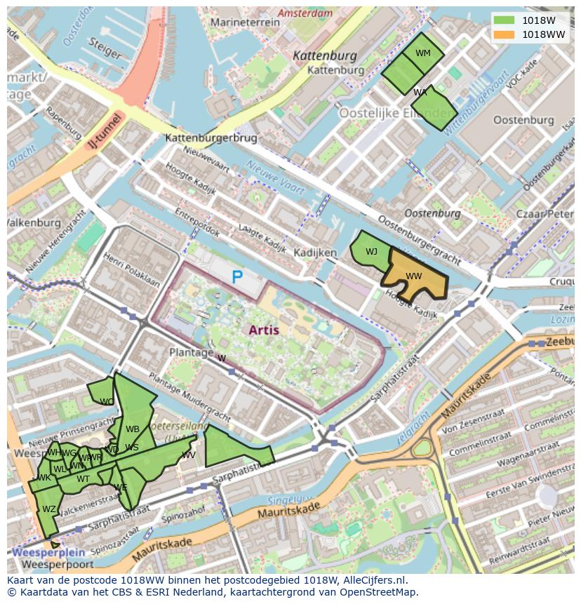 Afbeelding van het postcodegebied 1018 WW op de kaart.