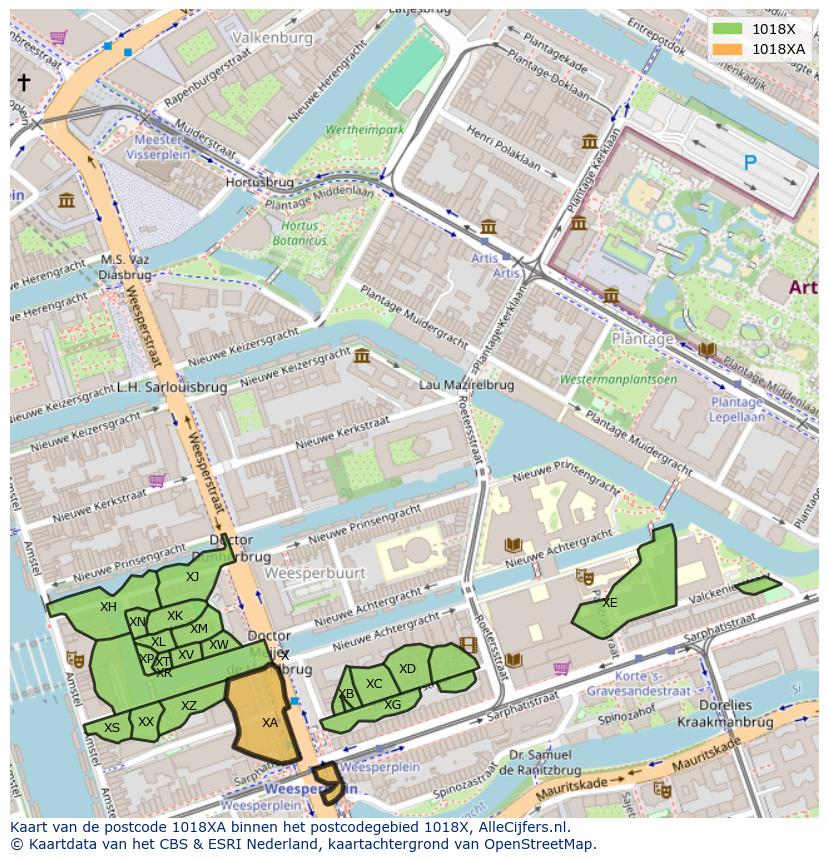 Afbeelding van het postcodegebied 1018 XA op de kaart.