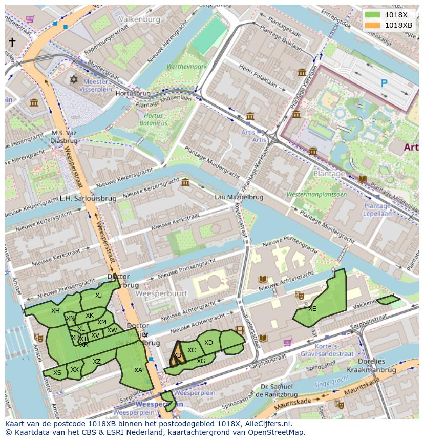 Afbeelding van het postcodegebied 1018 XB op de kaart.