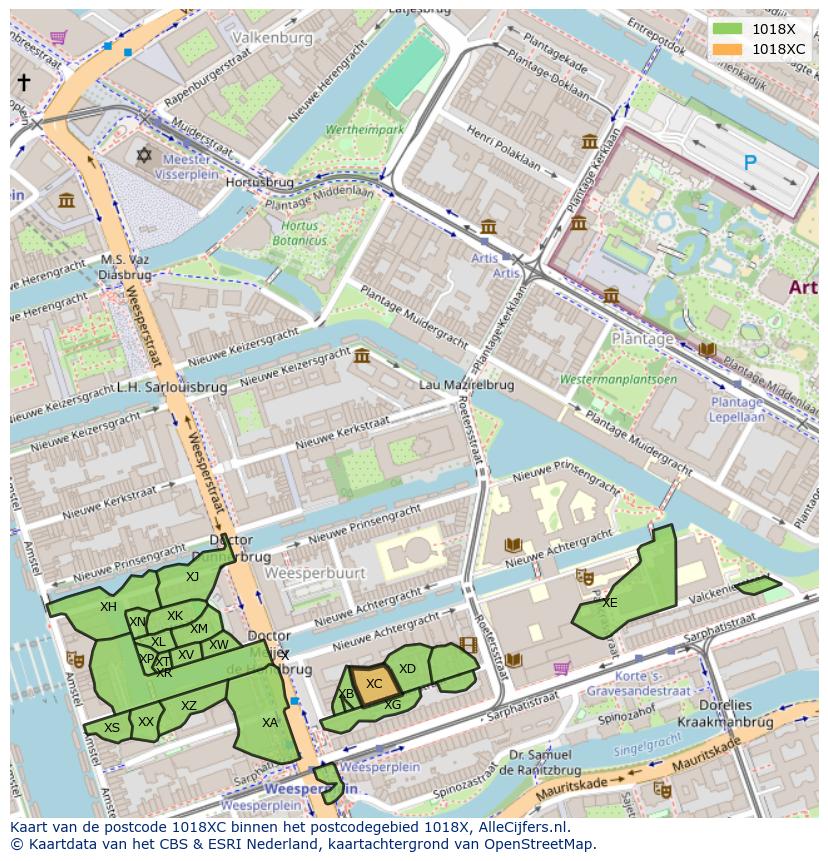 Afbeelding van het postcodegebied 1018 XC op de kaart.
