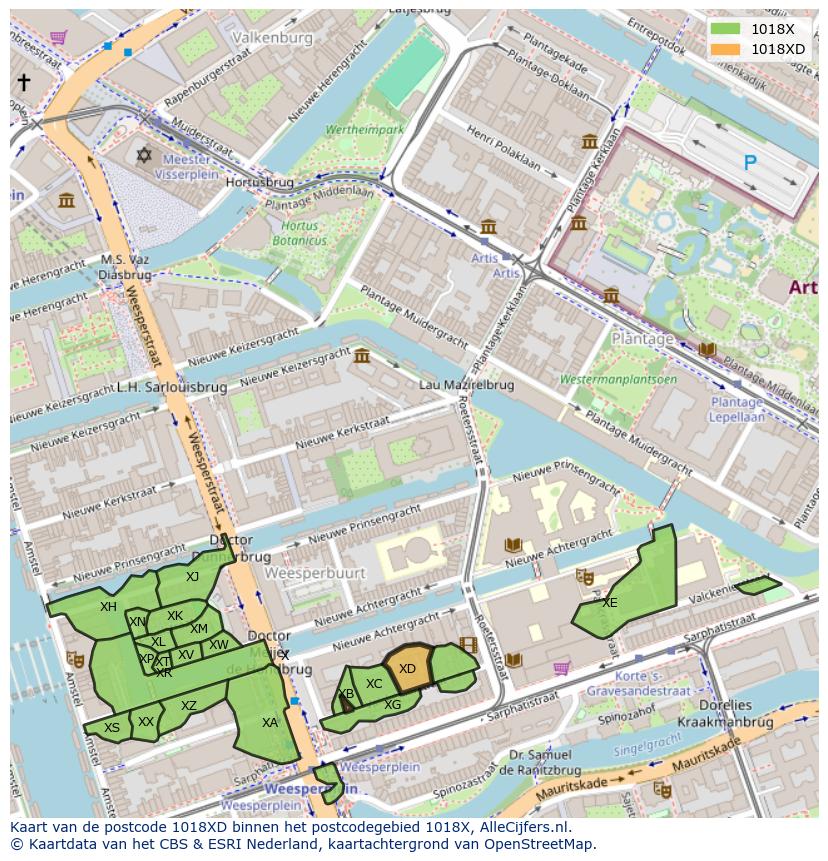 Afbeelding van het postcodegebied 1018 XD op de kaart.