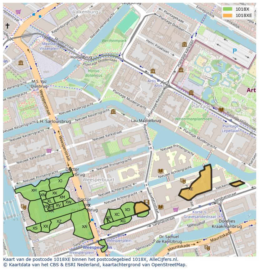 Afbeelding van het postcodegebied 1018 XE op de kaart.