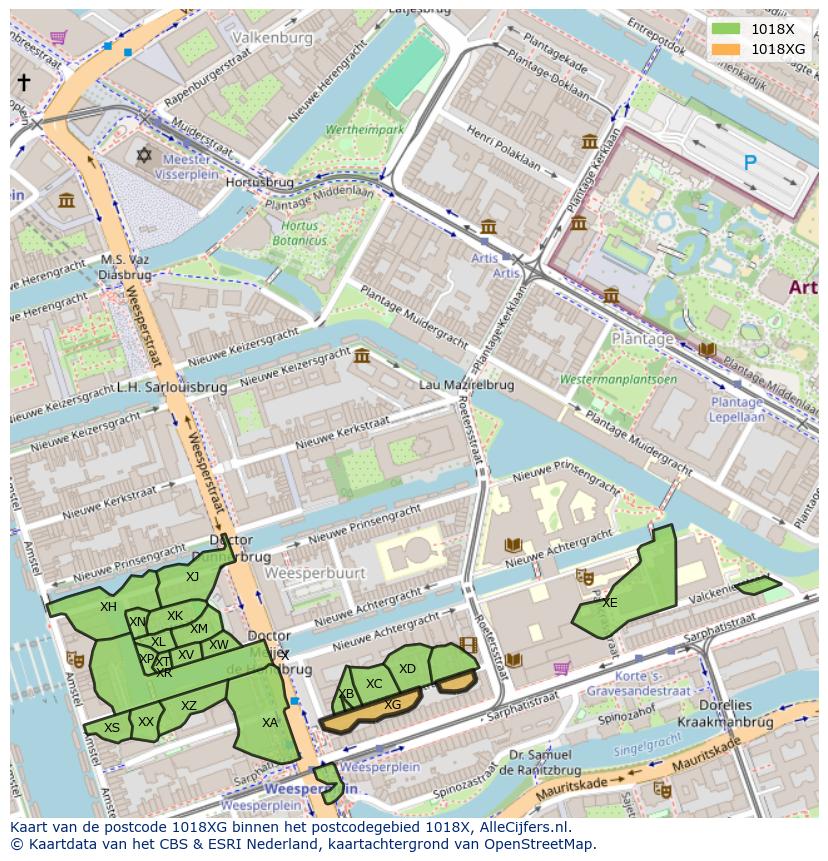 Afbeelding van het postcodegebied 1018 XG op de kaart.