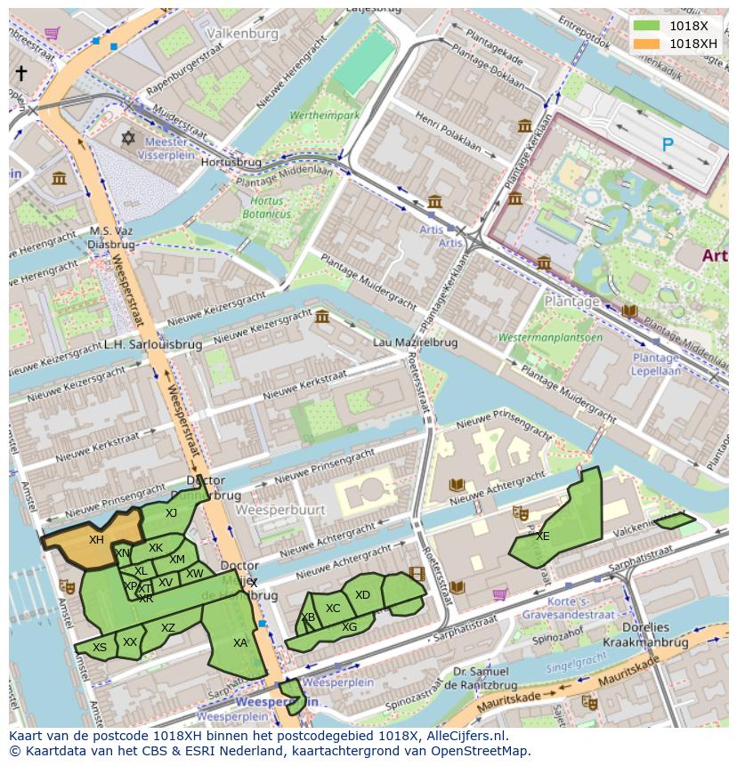 Afbeelding van het postcodegebied 1018 XH op de kaart.