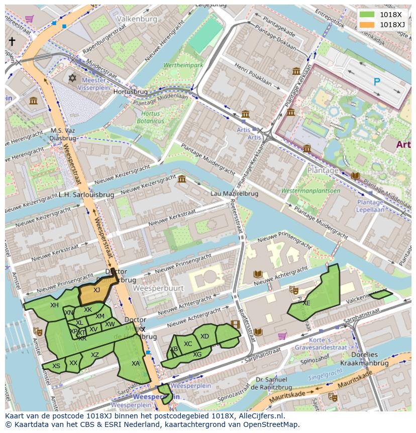 Afbeelding van het postcodegebied 1018 XJ op de kaart.