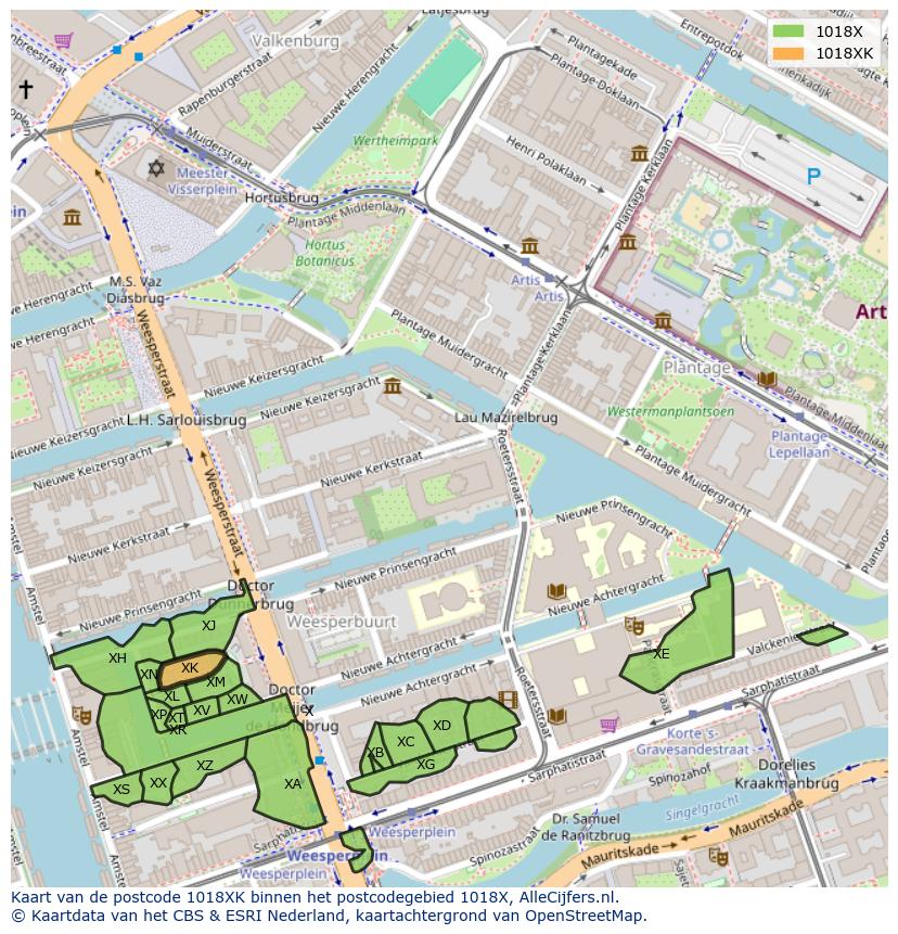 Afbeelding van het postcodegebied 1018 XK op de kaart.