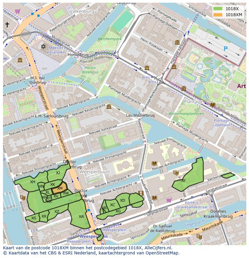Afbeelding van het postcodegebied 1018 XM op de kaart.