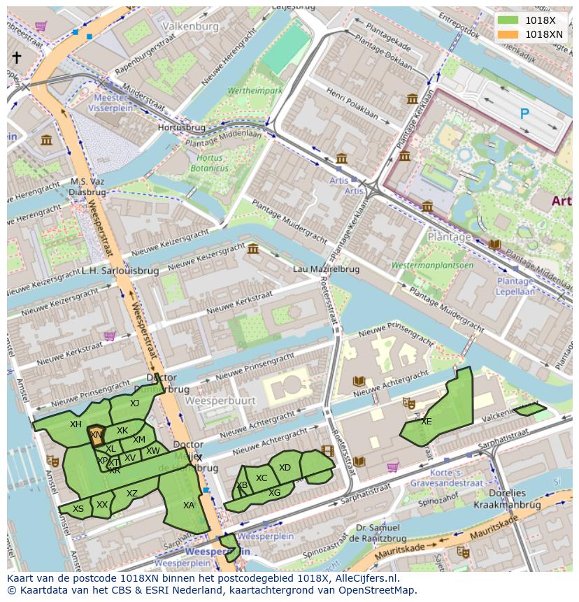 Afbeelding van het postcodegebied 1018 XN op de kaart.