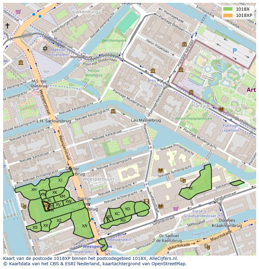Afbeelding van het postcodegebied 1018 XP op de kaart.