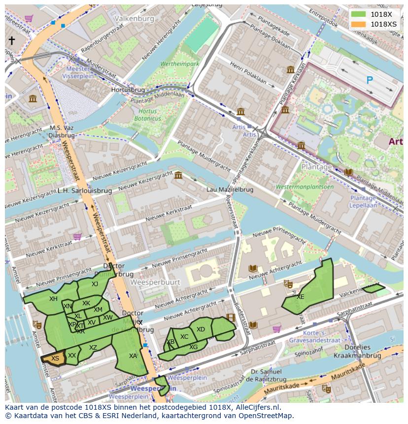 Afbeelding van het postcodegebied 1018 XS op de kaart.