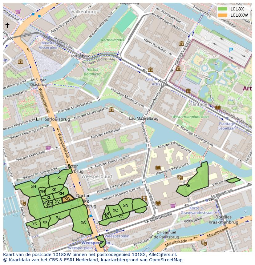 Afbeelding van het postcodegebied 1018 XW op de kaart.