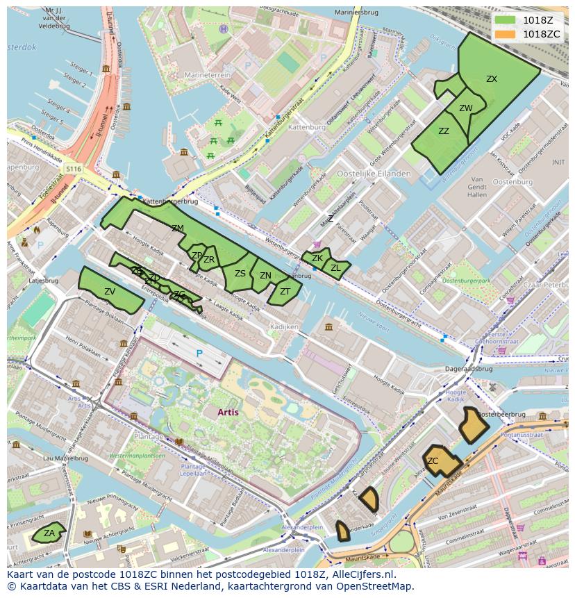 Afbeelding van het postcodegebied 1018 ZC op de kaart.