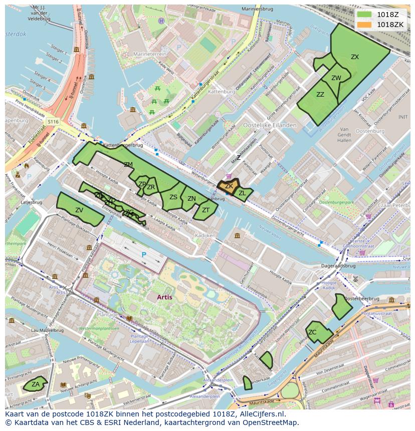 Afbeelding van het postcodegebied 1018 ZK op de kaart.
