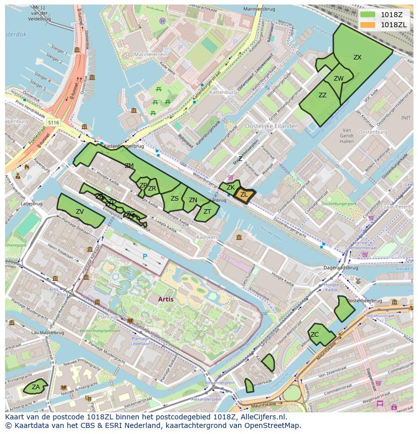 Afbeelding van het postcodegebied 1018 ZL op de kaart.